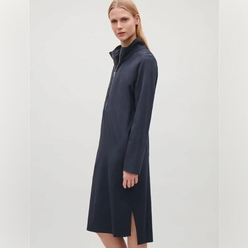 Cos Quiet Luxury Navy Blue Wool Funnel Neck Midi Dress (2)